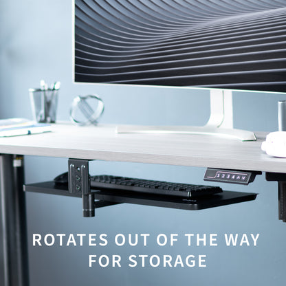 Low-profile under desk keyboard tray with 360-degree rotation.