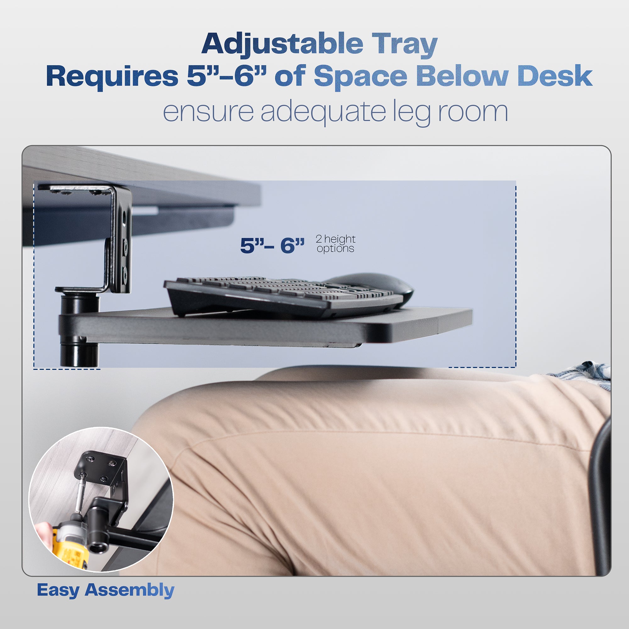 Adjustable tray for desk with space requirements
