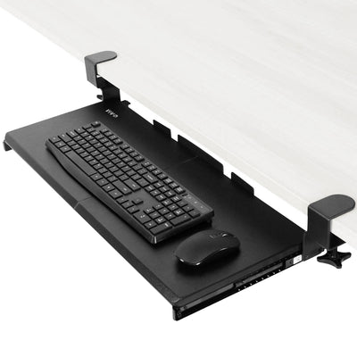 Under desk solid steel sliding keyboard tray.