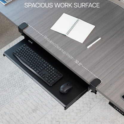 Under desk solid steel sliding keyboard tray.