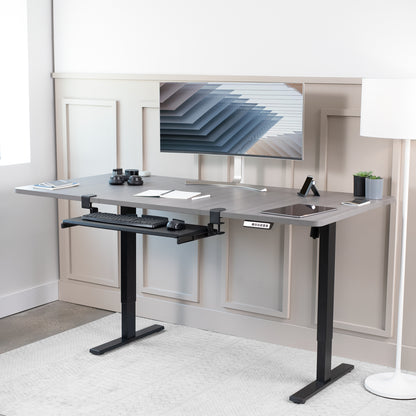 Sleek design with C-clamps and sliding tray for a clean and tidy workstation.