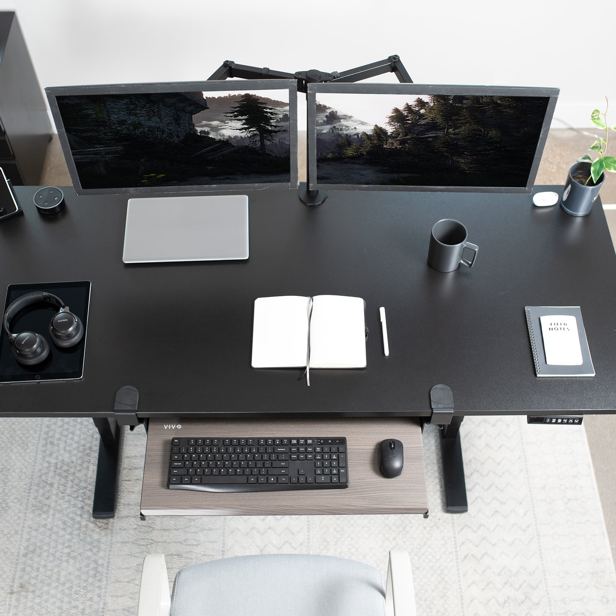 Sleek design with C-clamps and sliding tray for a clean and tidy workstation.