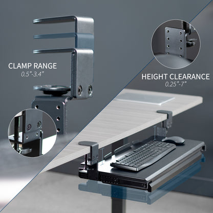 Under desk height adjustable pull-out sliding keyboard tray with storage drawer.