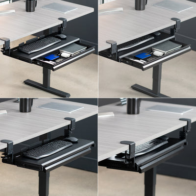 Under desk height adjustable pull-out sliding keyboard tray with storage drawer.