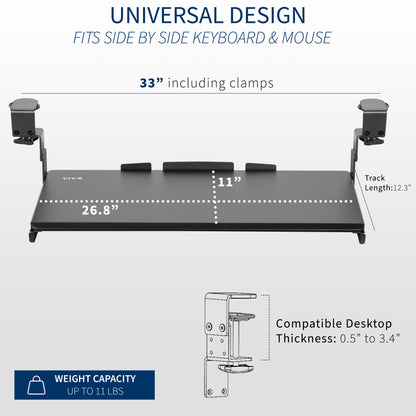 Universal designed keyboard tray, fits side by side keyboard and mouse.