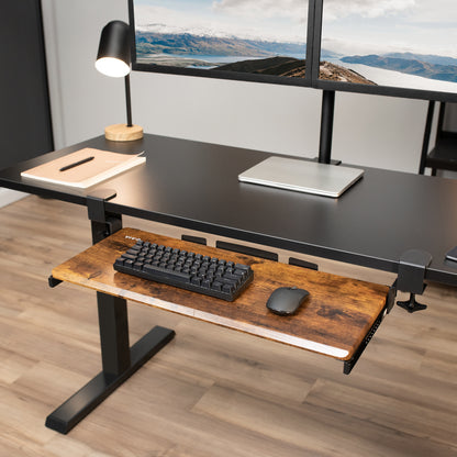 Sleek design with C-clamps and sliding tray for a clean and tidy workstation.