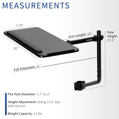 Office chair pole mounting keyboard tray with height adjustment, tilt, and rotation.