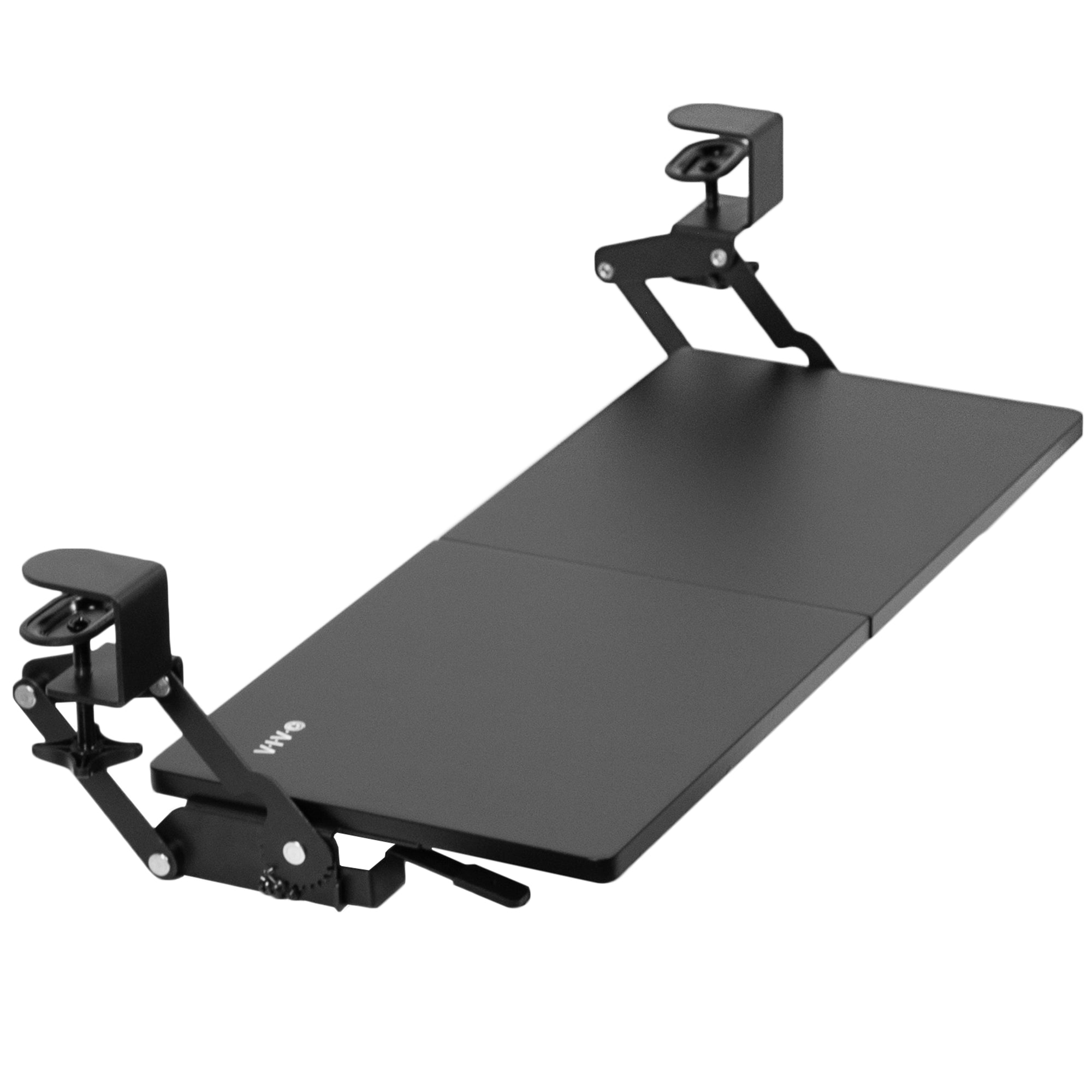 Ergonomic convenient under desk clamp-on keyboard tray with swinging height adjustment.