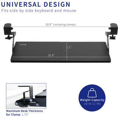 Ergonomic convenient under desk clamp-on keyboard tray with swinging height adjustment.