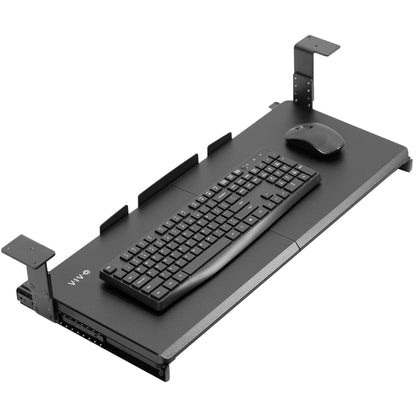 Under desk height adjustable pull-out sliding keyboard tray.