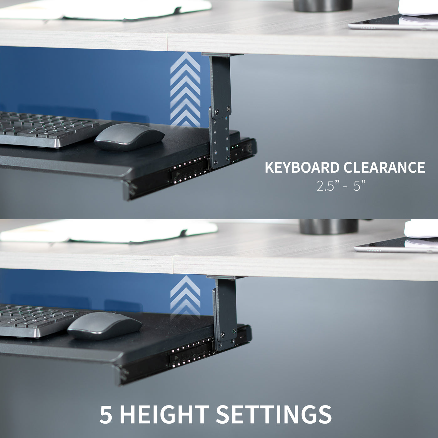 Under desk height adjustable pull-out sliding keyboard tray.