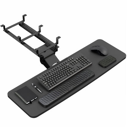 Adjustable under desk pull out keyboard tray mount with included padding.