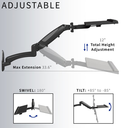 Sturdy steel pneumatic height adjustable keyboard tray wall mount with articulation.