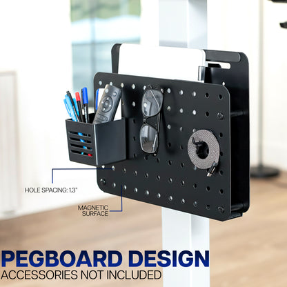 Black pegboard Steel Clamp-on Desk Leg Laptop Mount Holder with various accessories on a white background