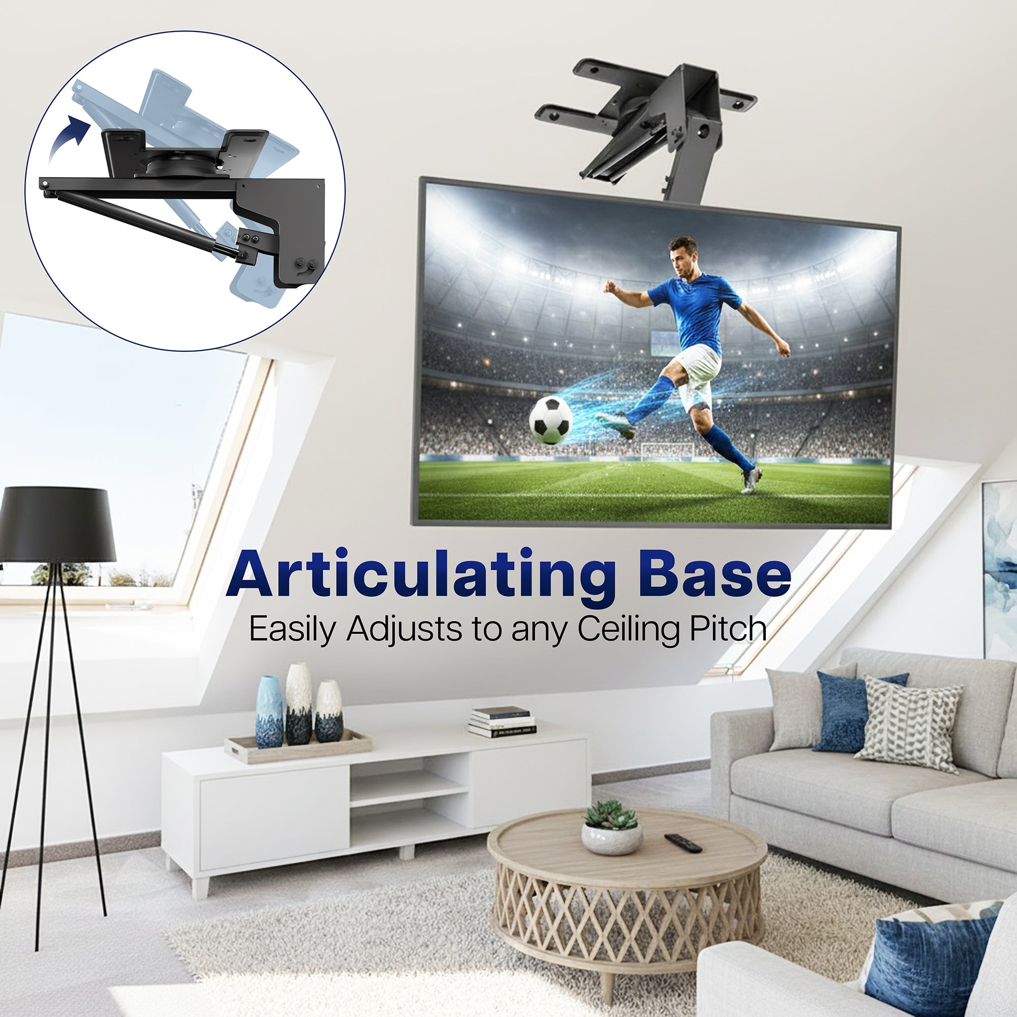 Living room with a Manual Flip Down TV Ceiling Mount  mounted on the wall, featuring an articulating base.