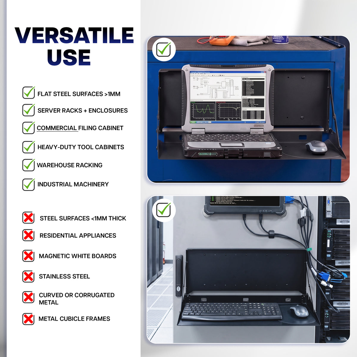 Wall-mounted flip down keyboard tray for offices, warehouses, workstations, and other space-saving computer setups