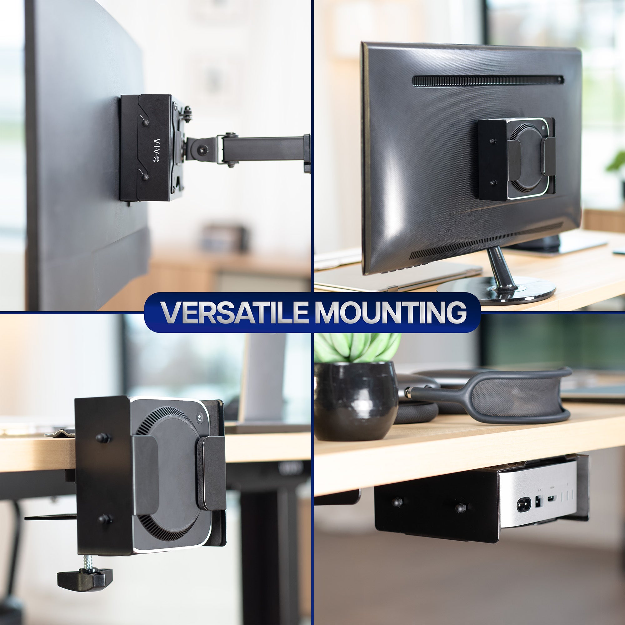 VESA / Clamp / Desk Mount Designed for Mac Mini 2024 with text 'VERSATILE MOUNTING'.