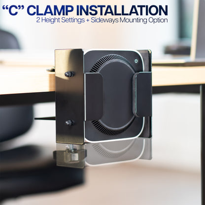 C-clamp installation option on a desk with text about height settings and mounting options.