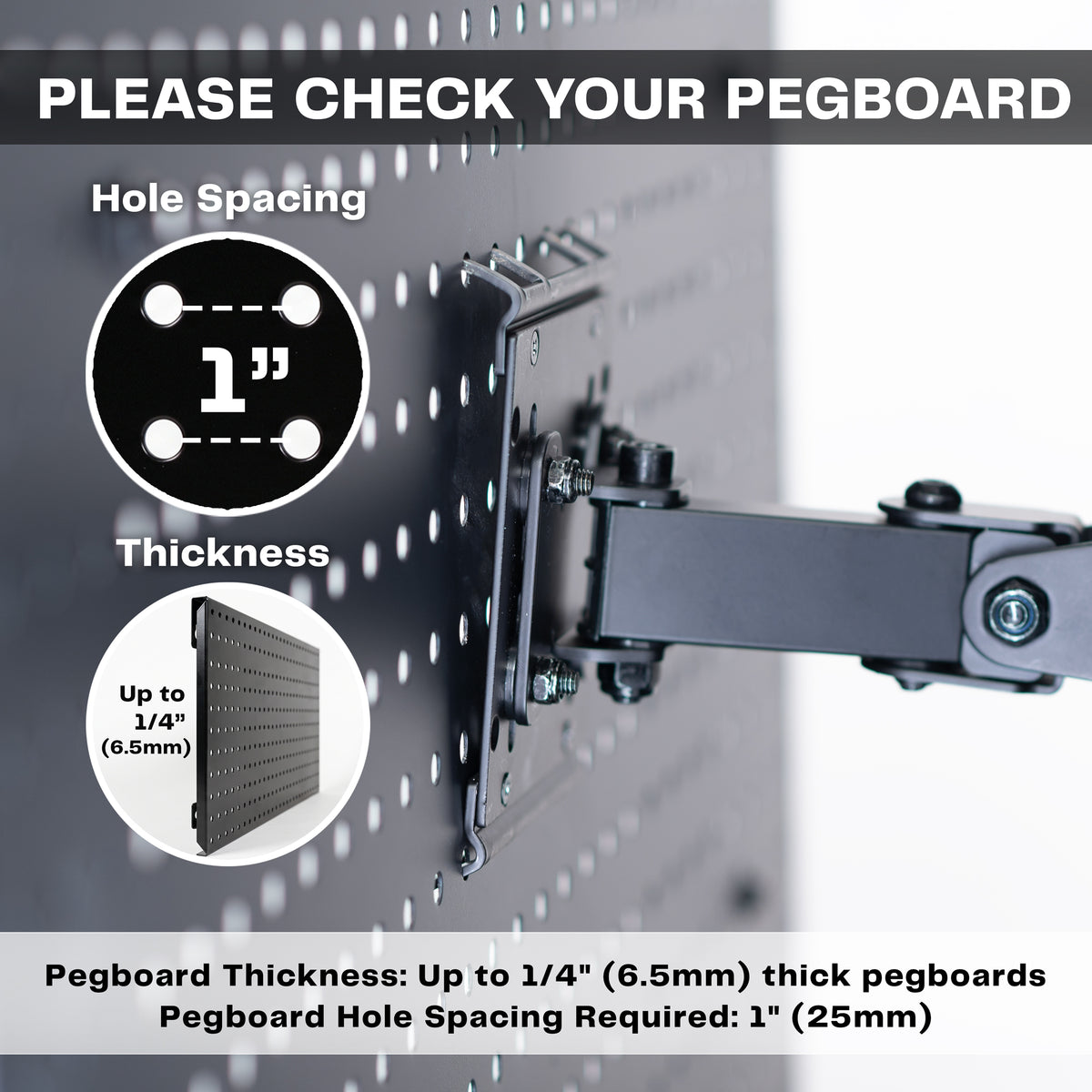 Pegboard monitor mount with articulating arm shown on pegboard with details regarding compatibility.