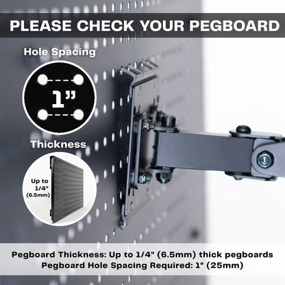 Pegboard monitor mount with articulating arm shown on pegboard with details regarding compatibility.