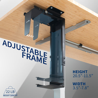 Convenient under desk or wall PC mount has an adjustable frame and 22 lb weight capacity.