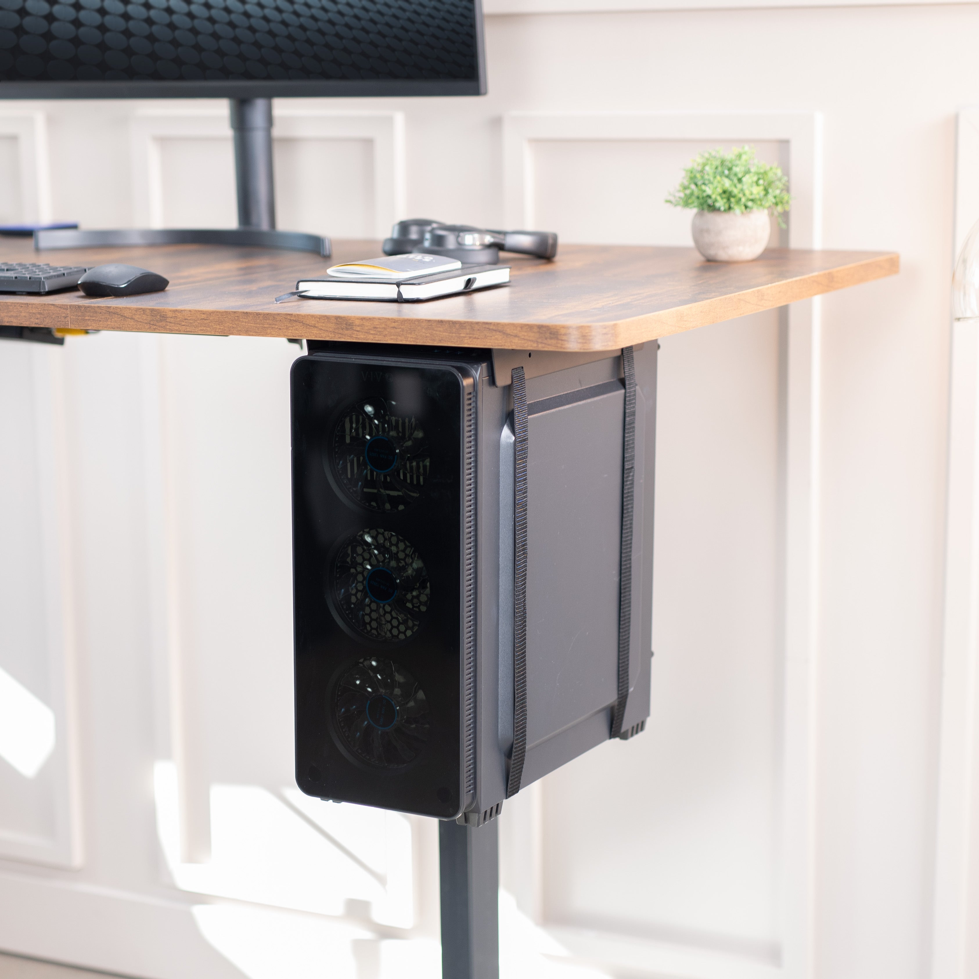 Convenient under desk PC mount with adjustable straps.