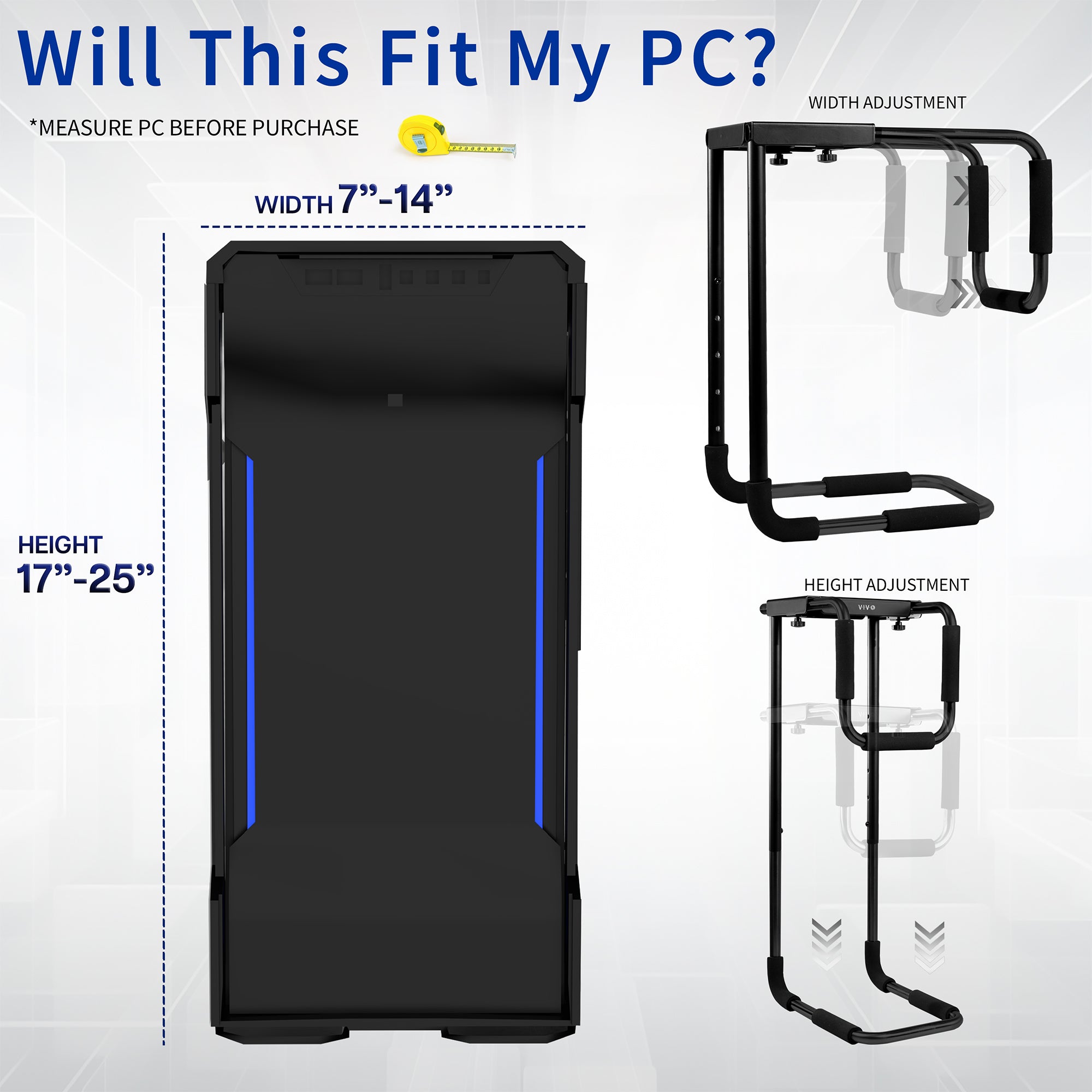 Product dimensions and fit guide for a computer monitor stand on a white background