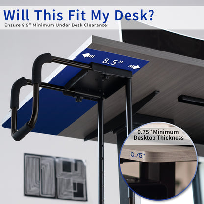 Under desk PC mount with measurements for clearance and thickness on a desk setup.