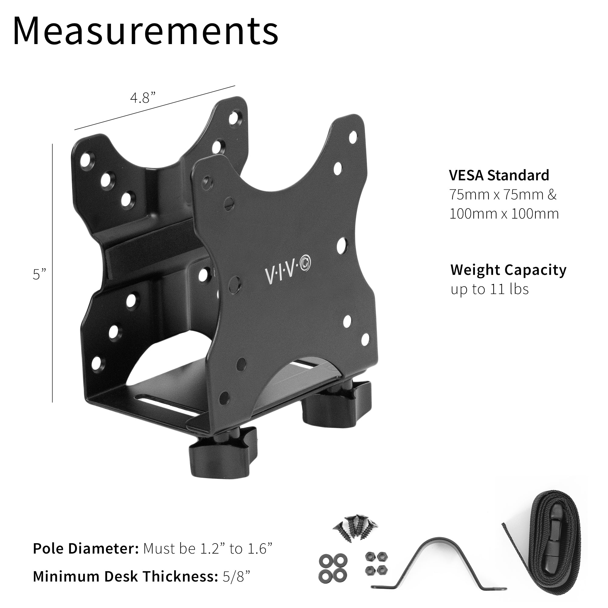 Sturdy steel multi-functional PC mount for under desk, pole, or behind monitor VESA mounting.