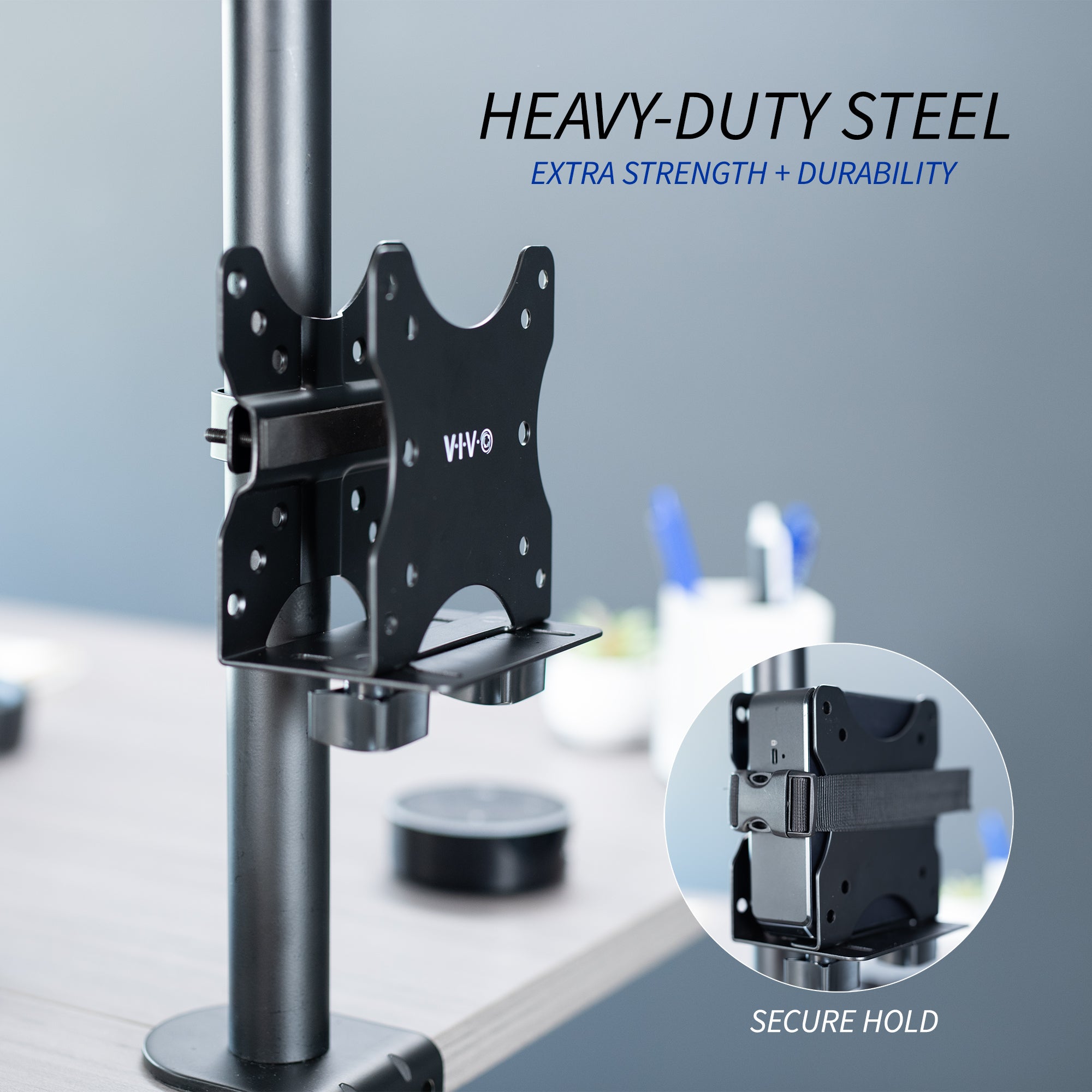 Sturdy steel multi-functional PC mount for under desk, pole, or behind monitor VESA mounting.