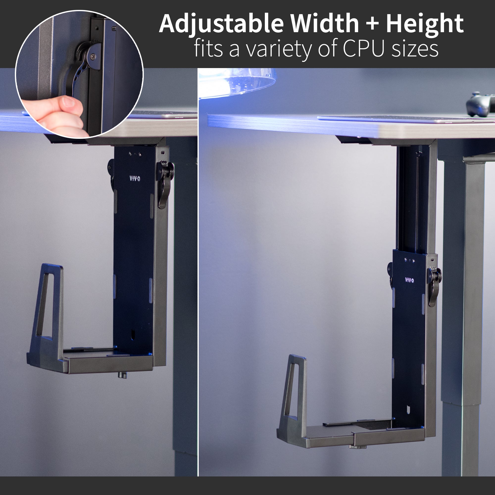 Heavy-duty adjustable space efficient under desk PC mount.