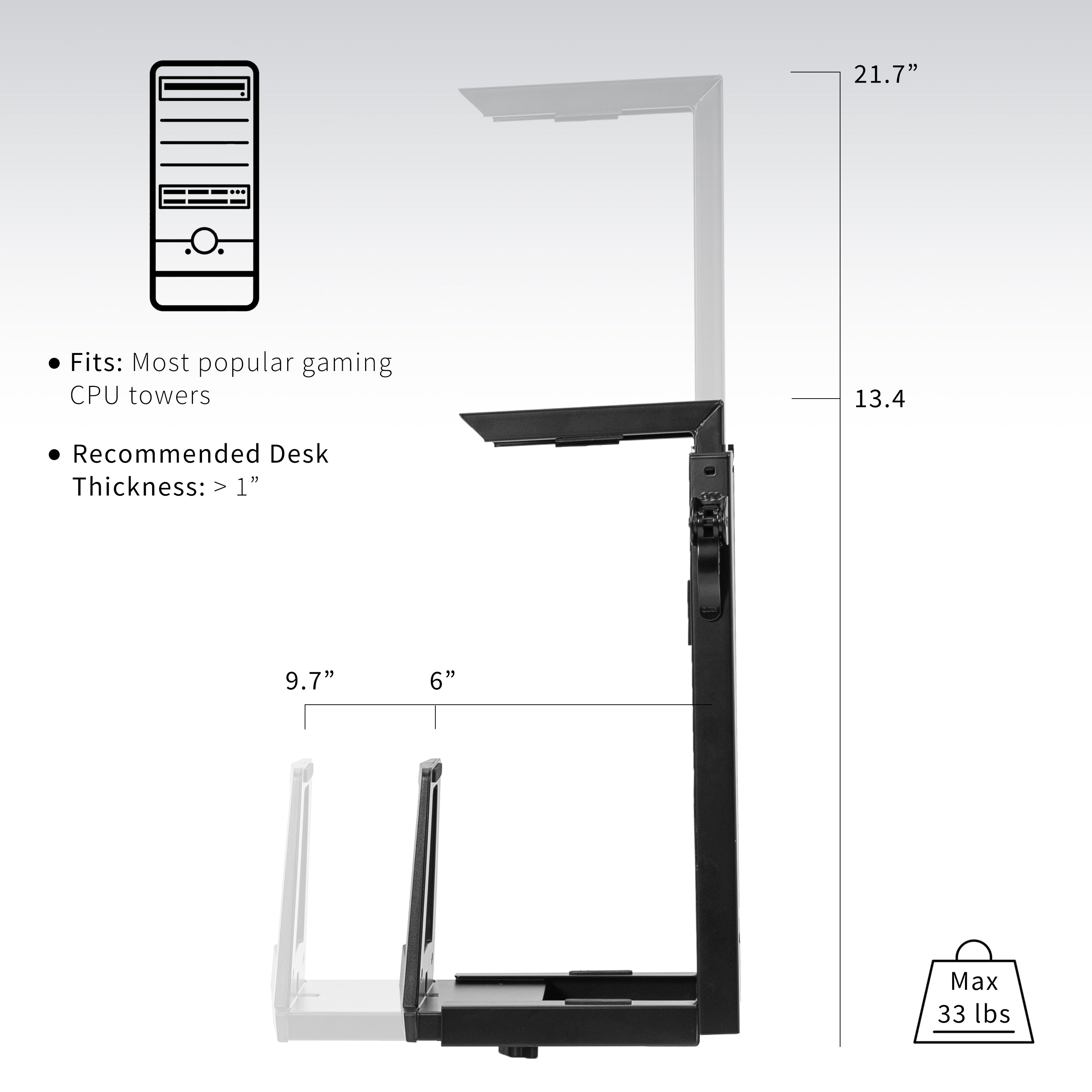 Heavy-duty adjustable space efficient under desk PC mount.