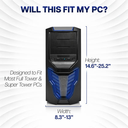Computer tower with dimensions on a white background and text stating 'WILL THIS FIT MY PC?'.