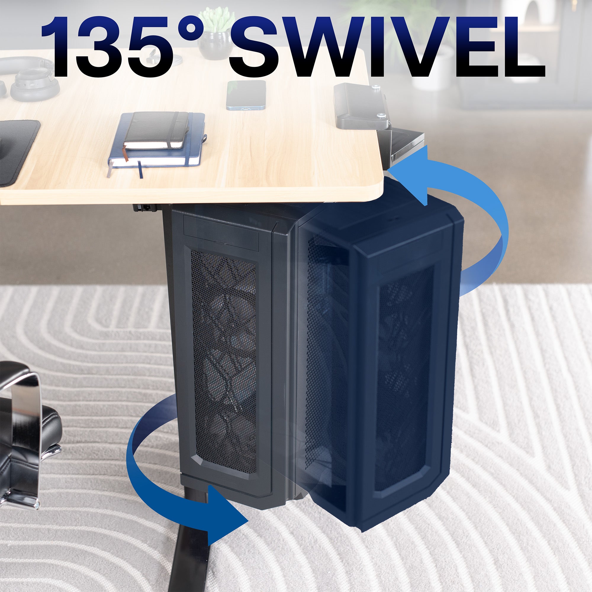 PC in an under desk PC mount and '135° Swivel' text on a blurred office background