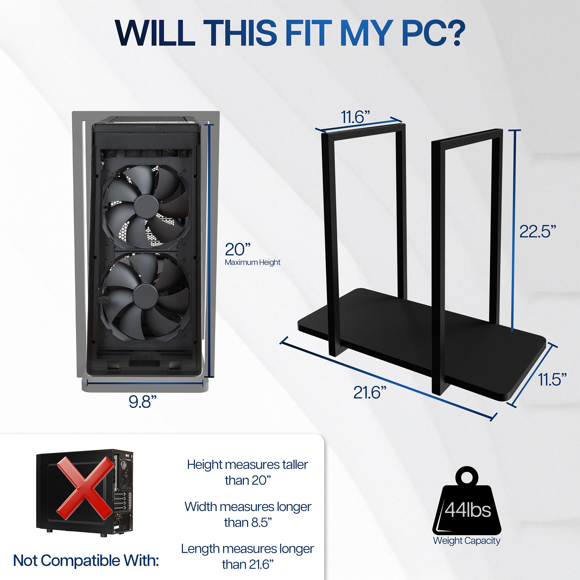 Computer case with dimensions and compatibility check for a PC
