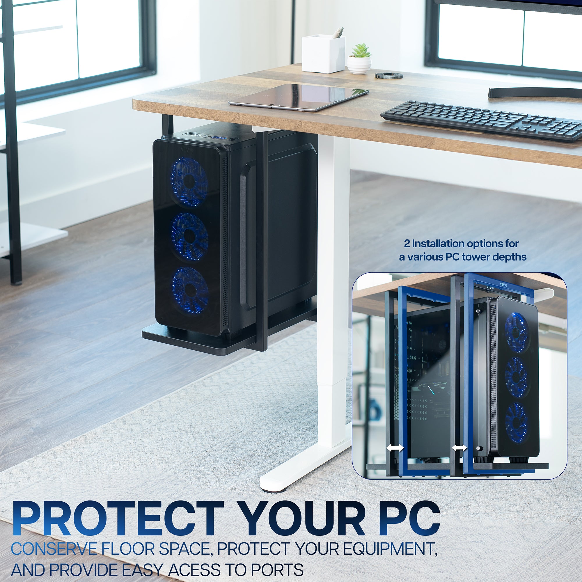 A black under-desk PC tower mount holding a black computer case with blue fan lights, shown in a modern home office setting. The image includes text overlays promoting floor space conservation and a small inset showing an alternative mounting option.