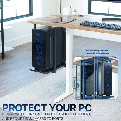 A black under-desk PC tower mount holding a black computer case with blue fan lights, shown in a modern home office setting. The image includes text overlays promoting floor space conservation and a small inset showing an alternative mounting option.