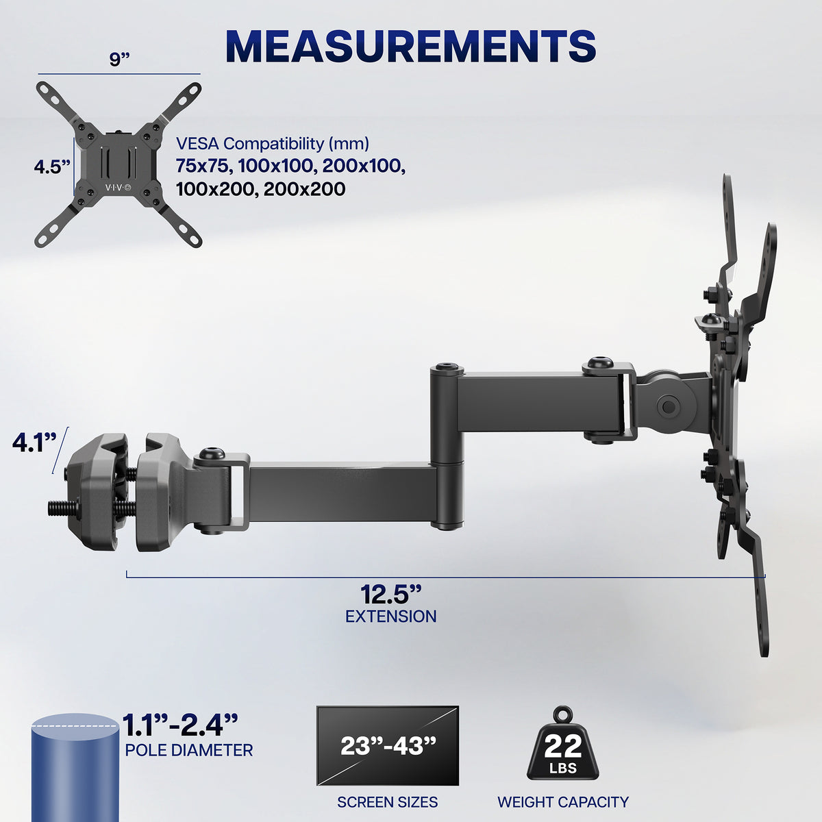 VESA monitor arm pole mount dimensions showing adjustable reach, pole clamp, and articulating joints