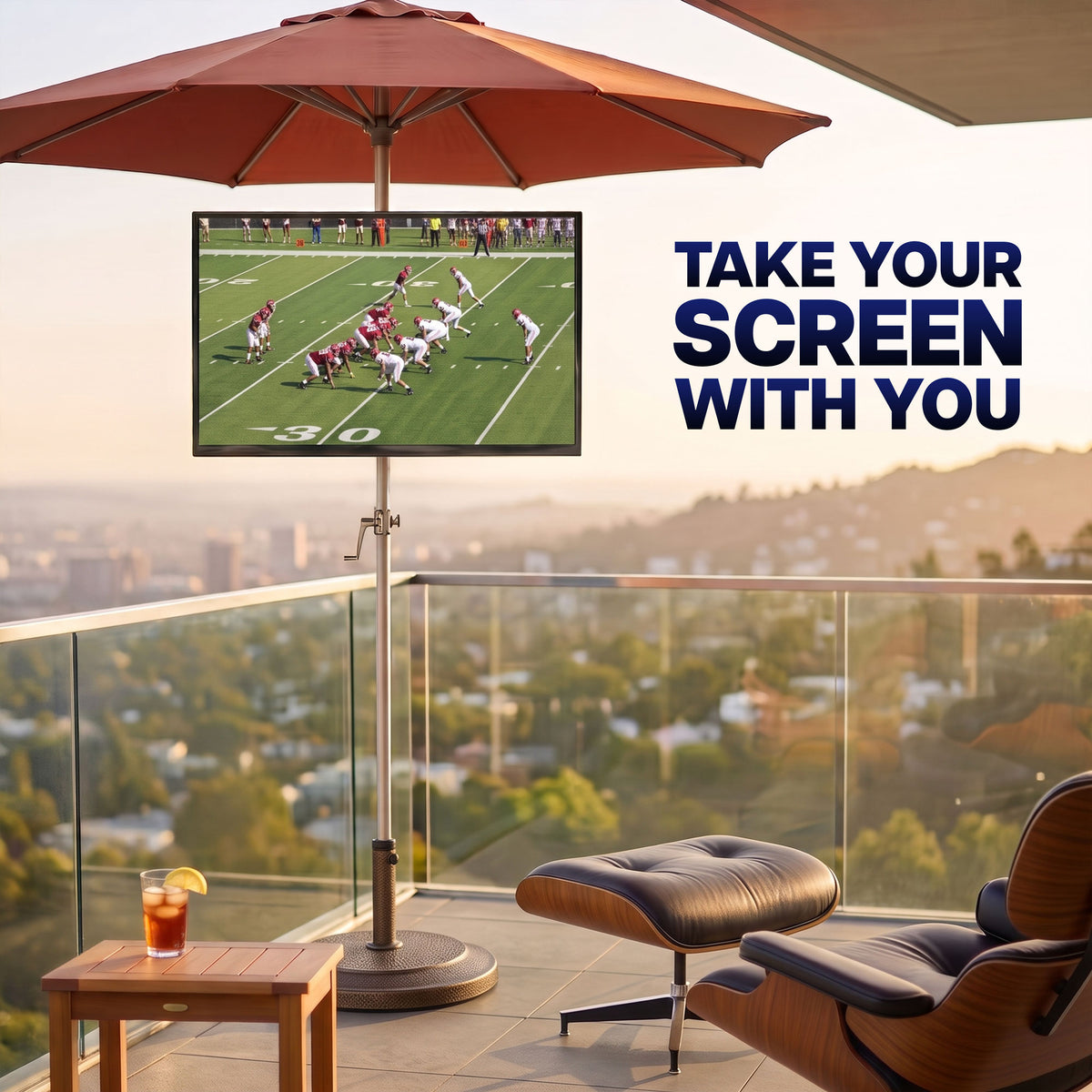 Long arm monitor pole mount supporting a flat-screen TV outdoors for flexible patio viewing