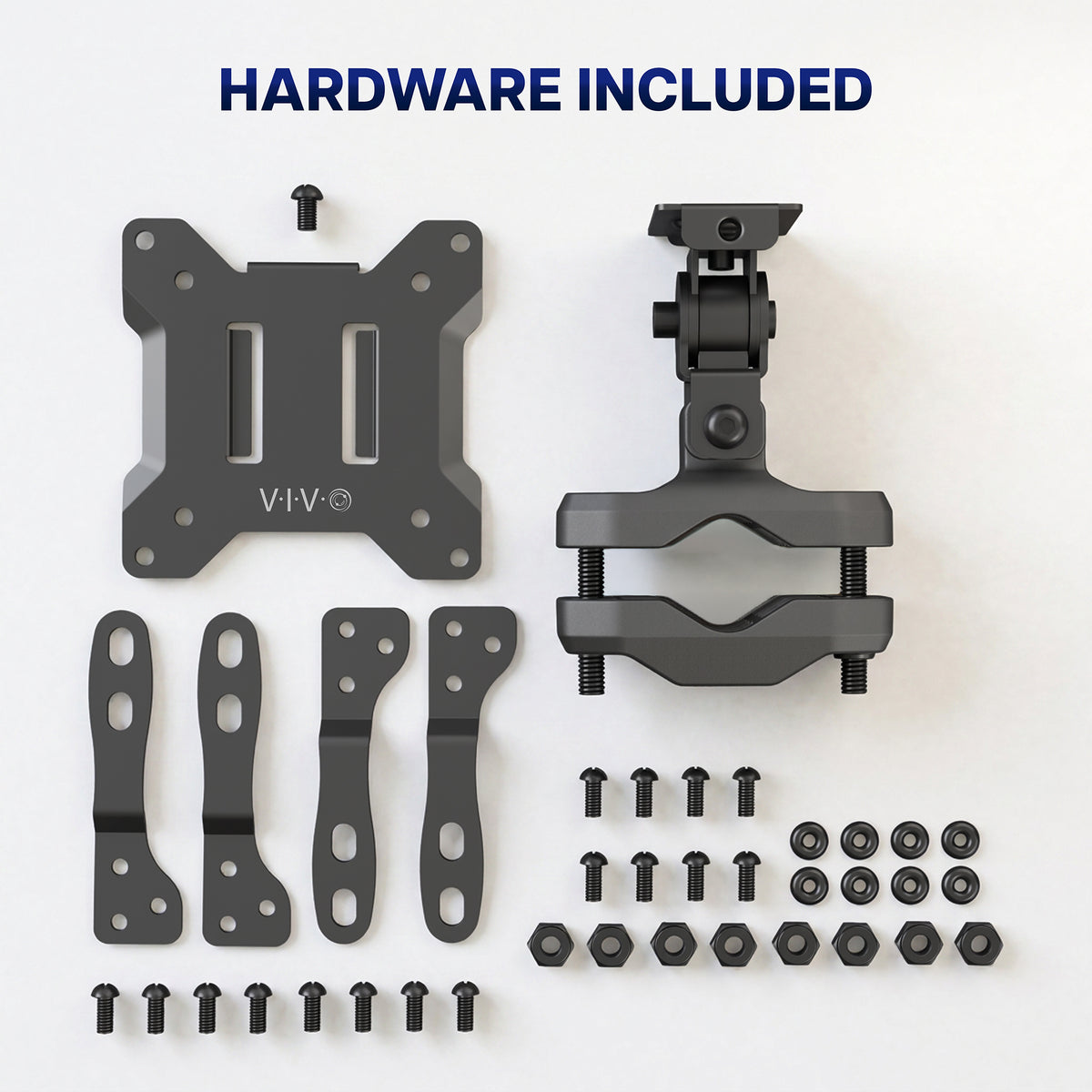 VESA bracket pole mount with adjustable mounting plate, pole clamp, and included installation hardware