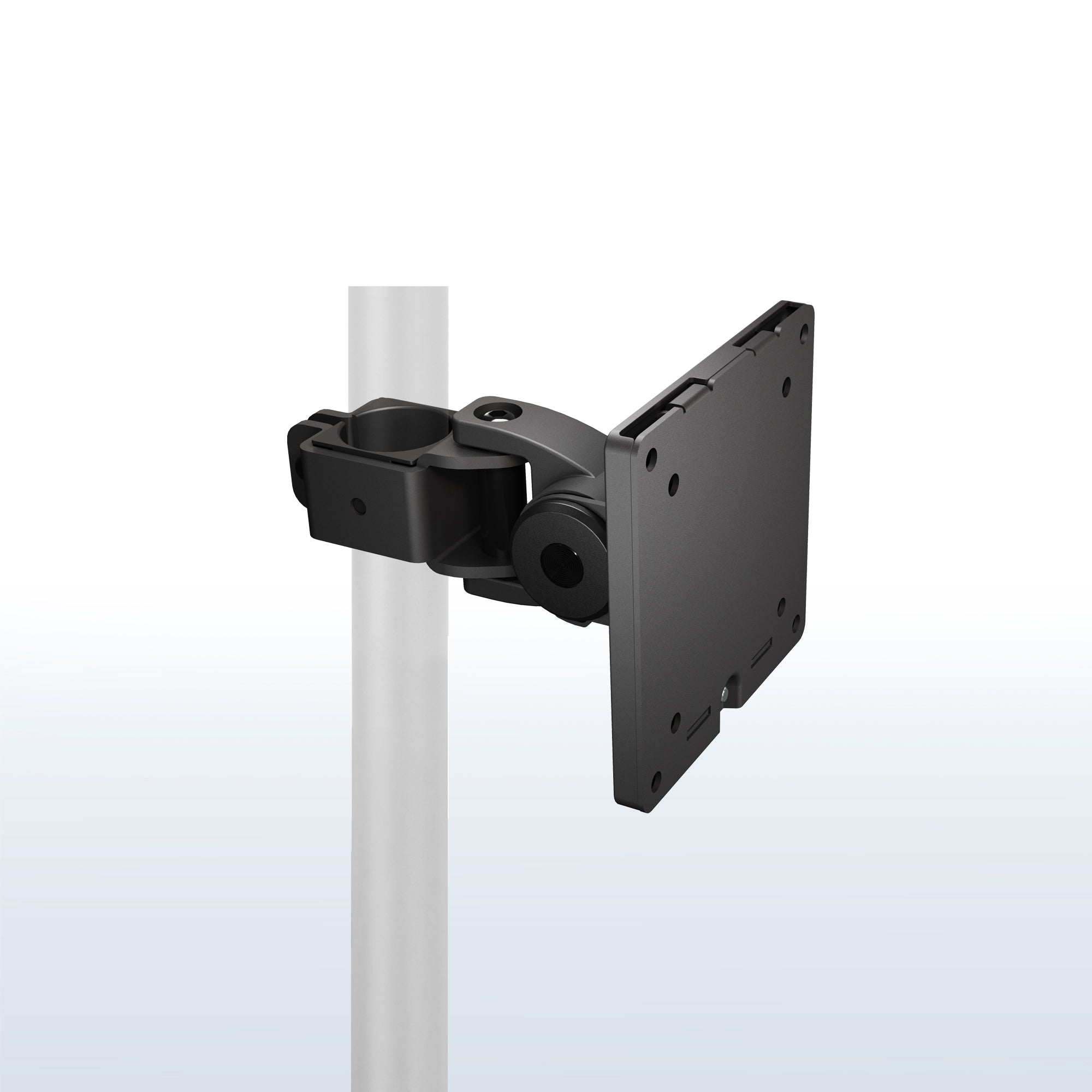 Pole mounted monitor bracket for ultrawide or standard screens with a quick-release bracket and tilt, swivel, and rotation.
