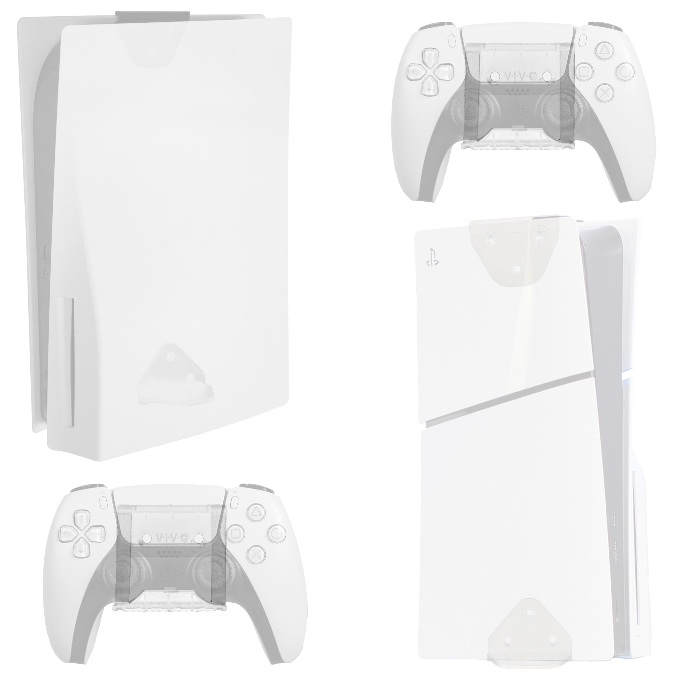 White gaming console and controllers on a white background