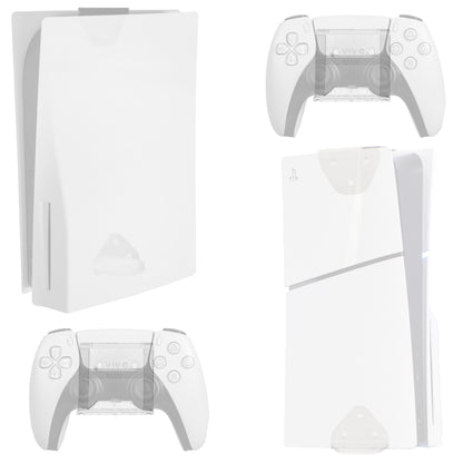White gaming console and controllers on a white background
