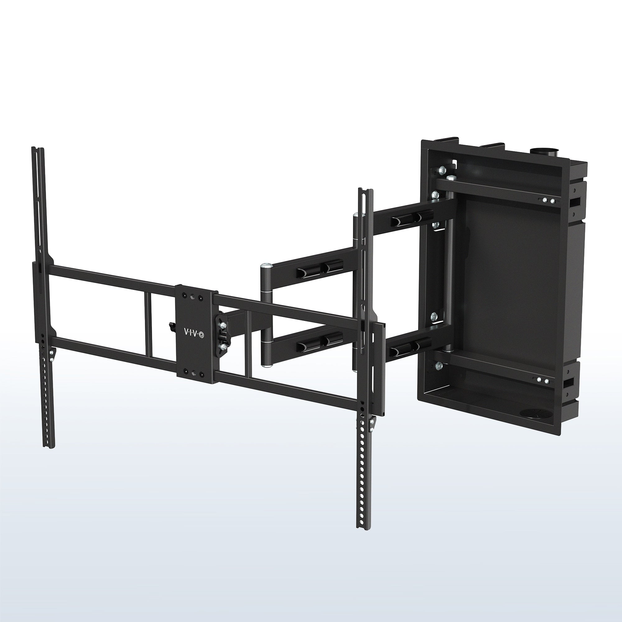A black large TV wall mount with an adjustable arm and mounting hardware.