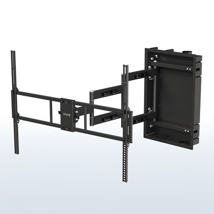 A black large TV wall mount with an adjustable arm and mounting hardware.