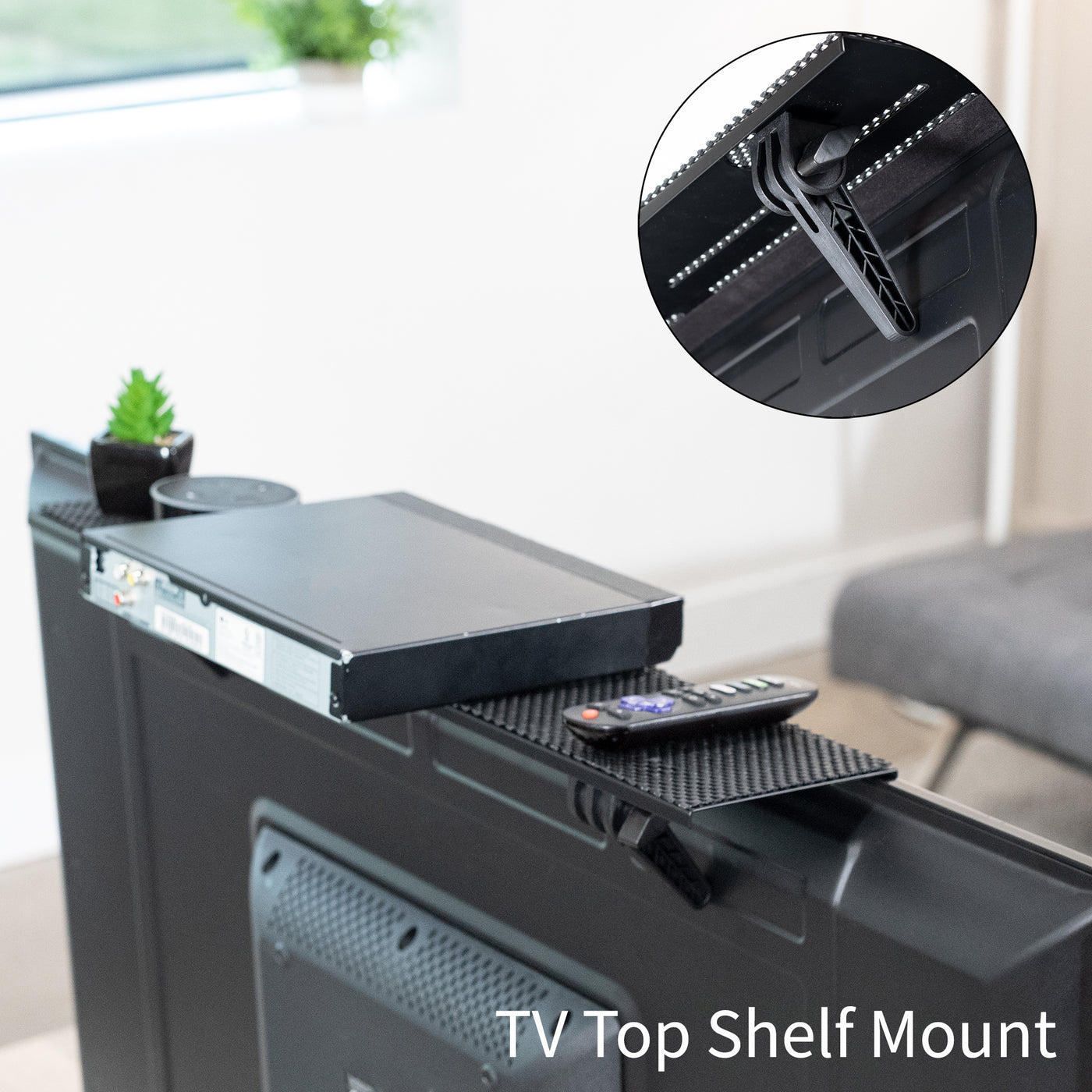 Sturdy top shelf TV mount with vented slots and mesh fabric.