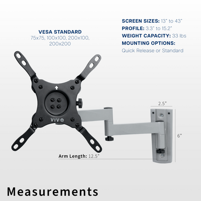 Quick release extending TV wall mount with tilt and swivel and built-in cable management. Includes 2 wall plates to provide installation in 2 different locations.