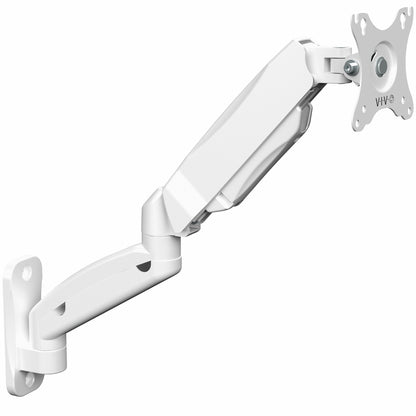 White, sturdy adjustable pneumatic arm single monitor ergonomic wall mount for office workstation.