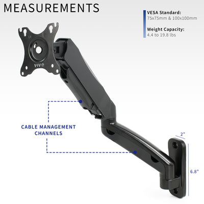 Sturdy adjustable pneumatic arm single monitor ergonomic wall mount with integrated cable management.