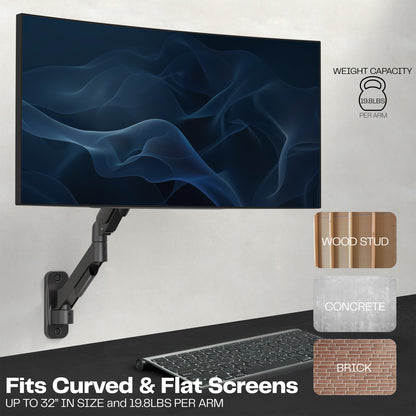 Sturdy adjustable pneumatic arm single monitor ergonomic wall mount that holds screens up to 32" in size.